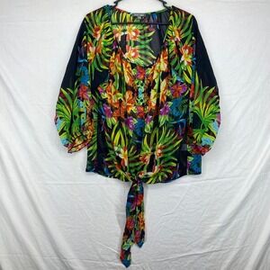 Roz & Ali Tropical Floral Tie Front Blouse Womens 1X Black Sheer Chiffon Top